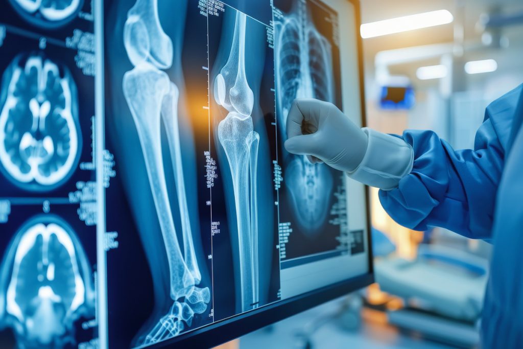 Un profesional médico examina una serie de imágenes radiográficas, incluidas radiografías de huesos y tomografías computarizadas de la cabeza, que se muestran en una caja de luz en un entorno clínico.