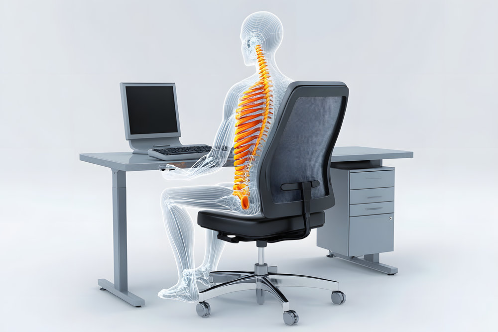 Ilustración en 3D de una silla de oficina ergonómica que soporta la columna vertebral humana, corrección de la postura en el escritorio, configuración del puesto de trabajo informático, salud y bienestar para sentarse correctamente, comodidad en el lugar de trabajo.